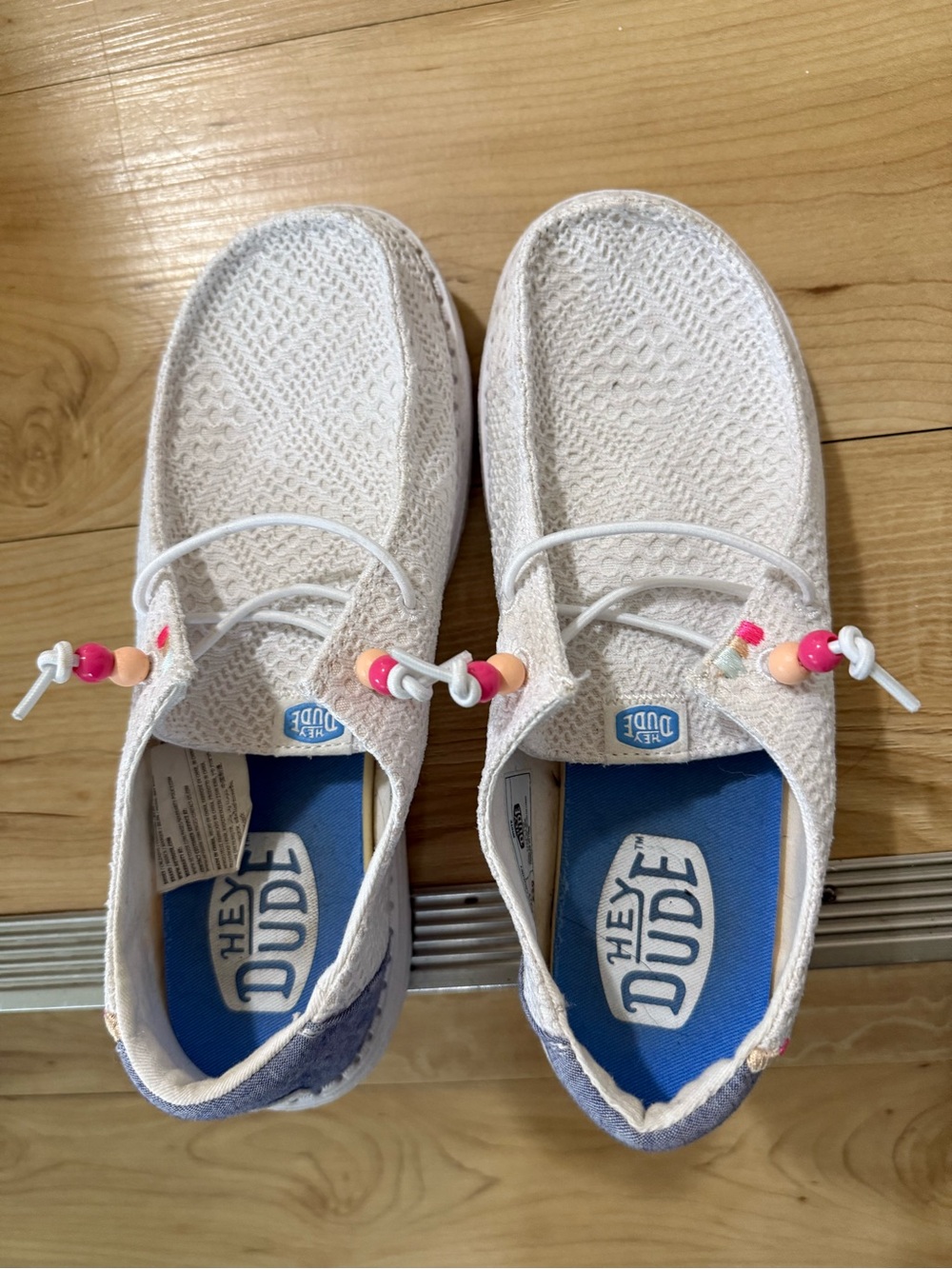 Hey Dude women’s  White Slip-On Sneakers with Pink & Peach Beads